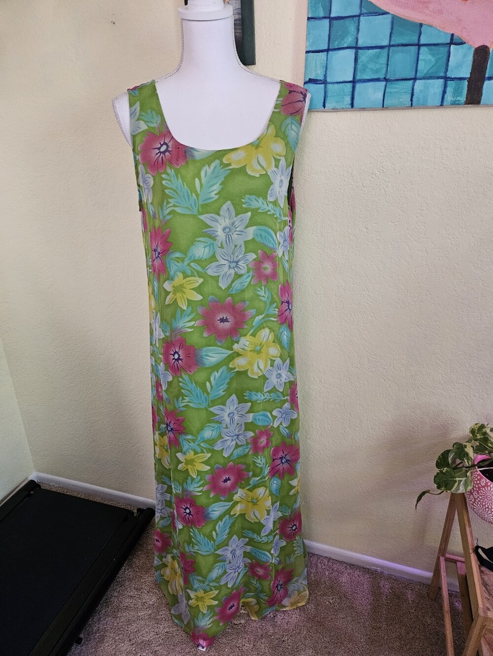 Robbie Bee Sleeveless Green 100% Silk Floral Maxi Dress With Silk Shirt Sz 14